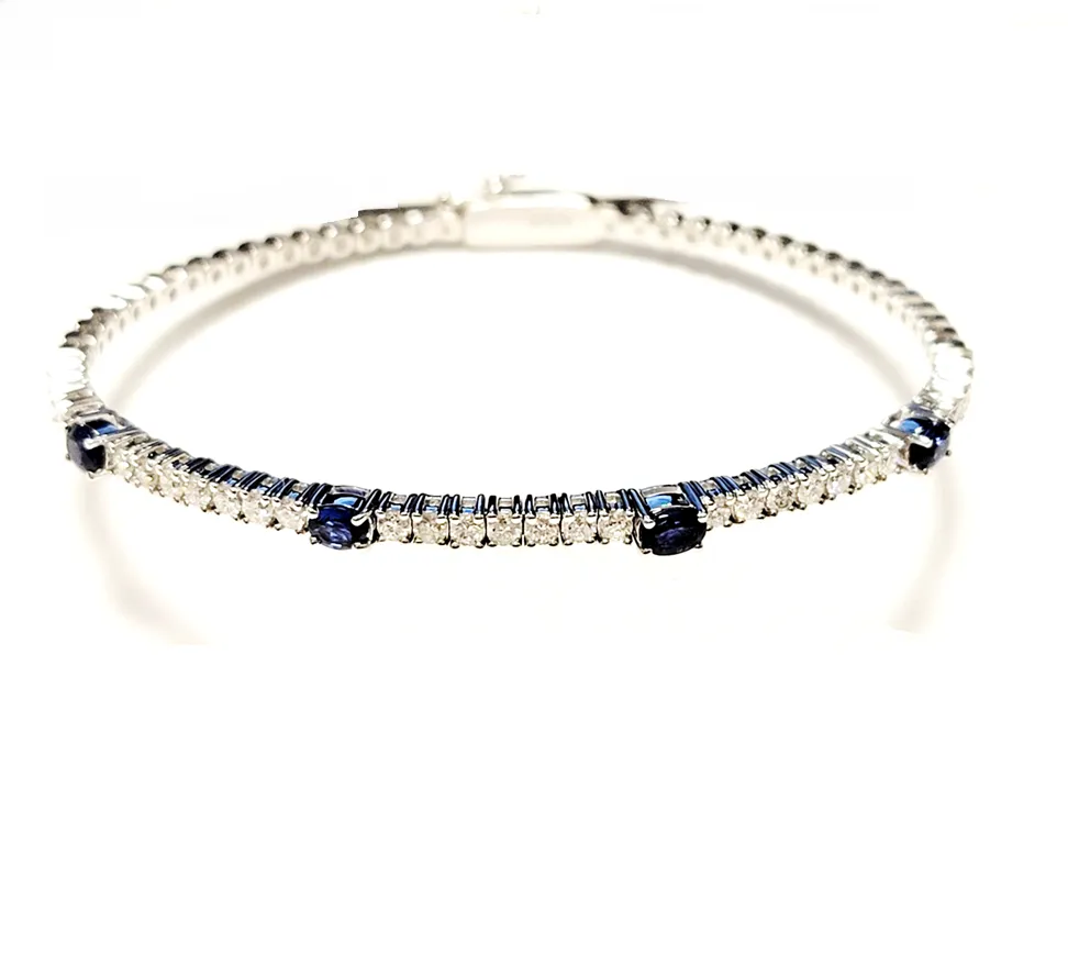 14k White Gold 0.87Ct Sapphire, 0.99Ct Diamond Flexible Bangle Bracelet