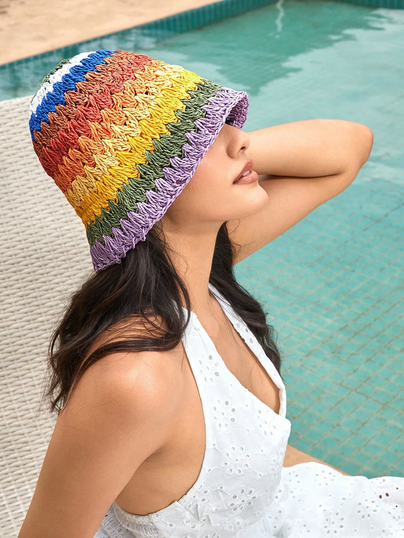 1pc Woven Rainbow Striped Bucket Hat