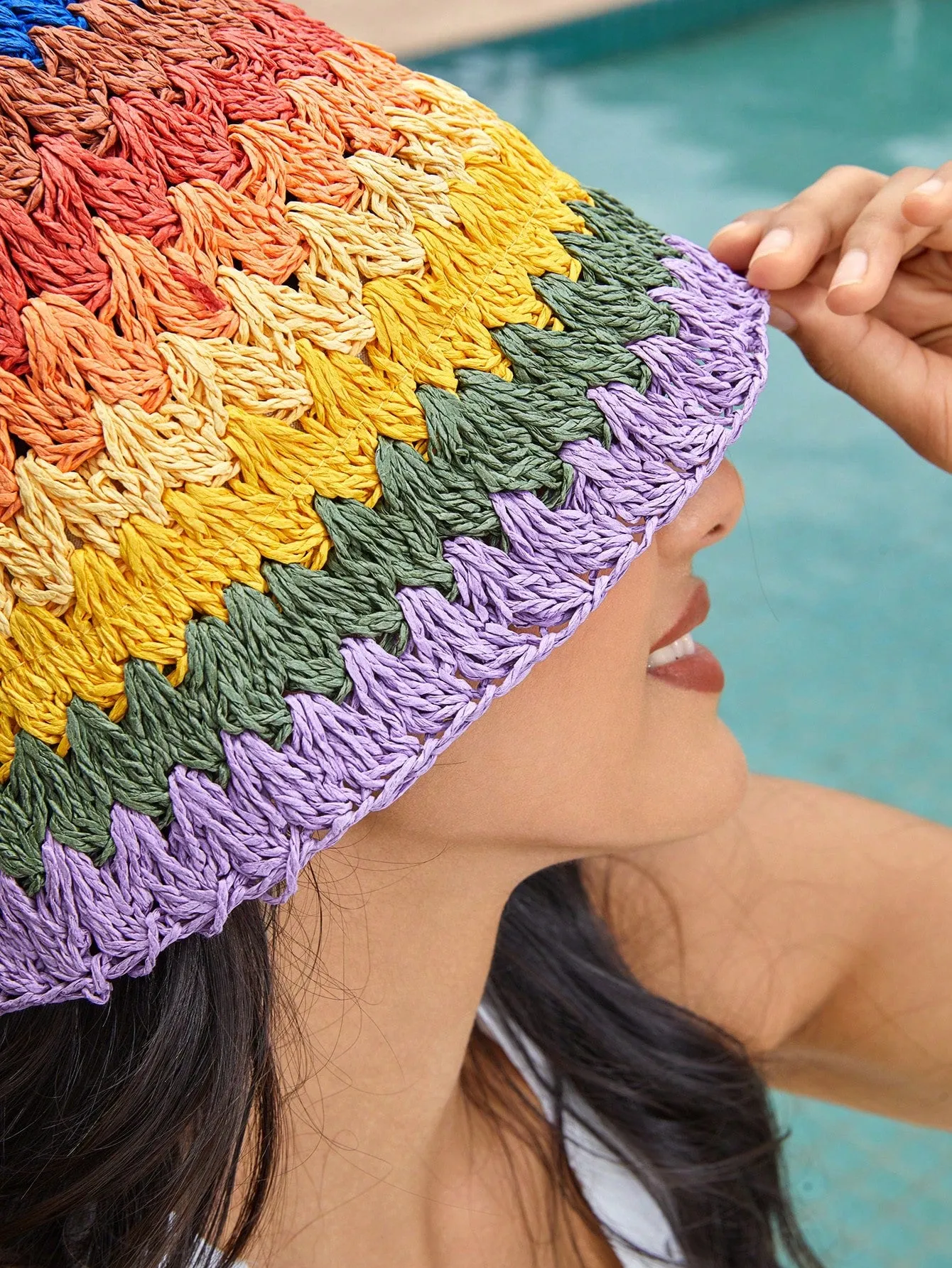 1pc Woven Rainbow Striped Bucket Hat
