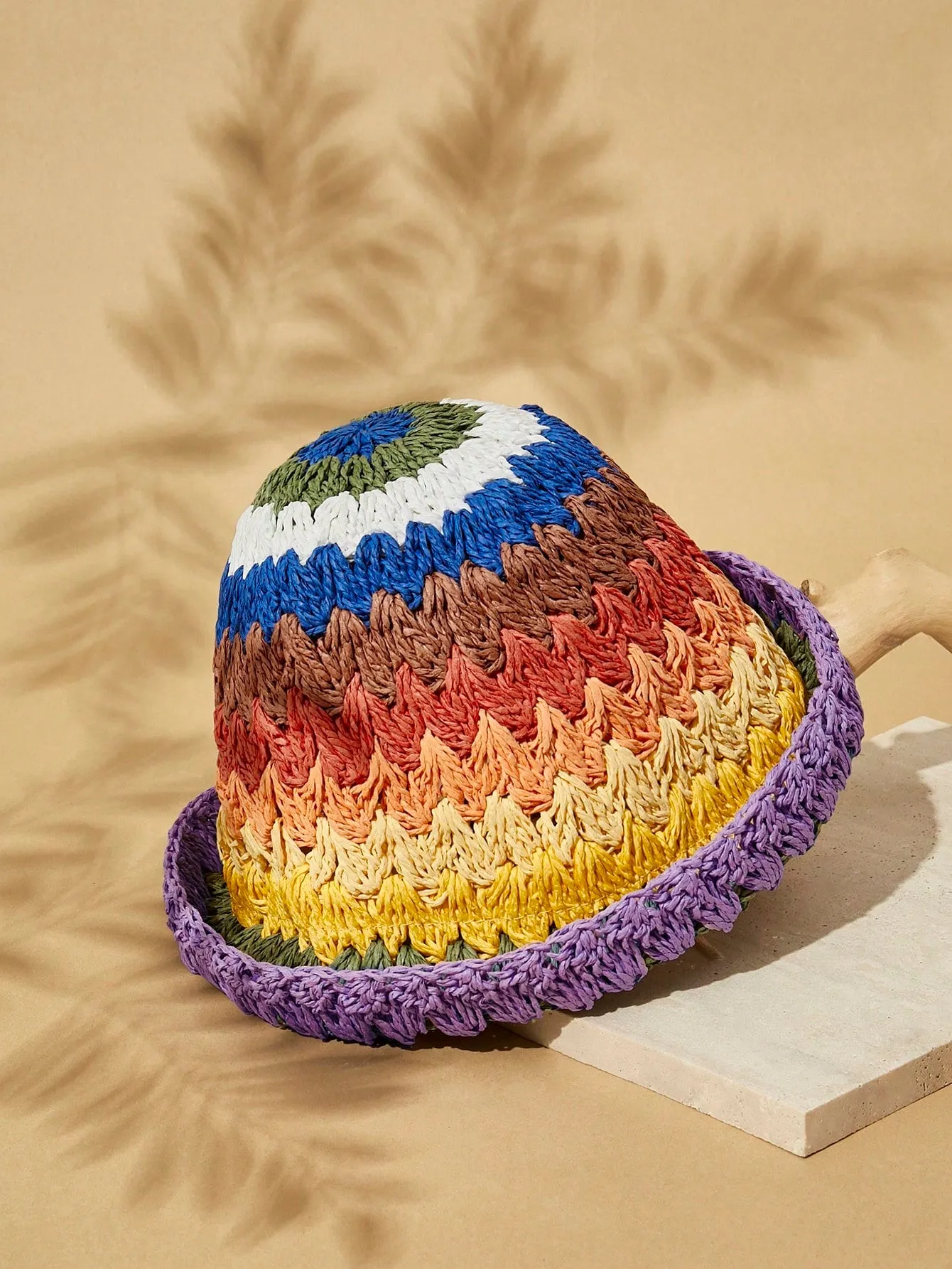 1pc Woven Rainbow Striped Bucket Hat