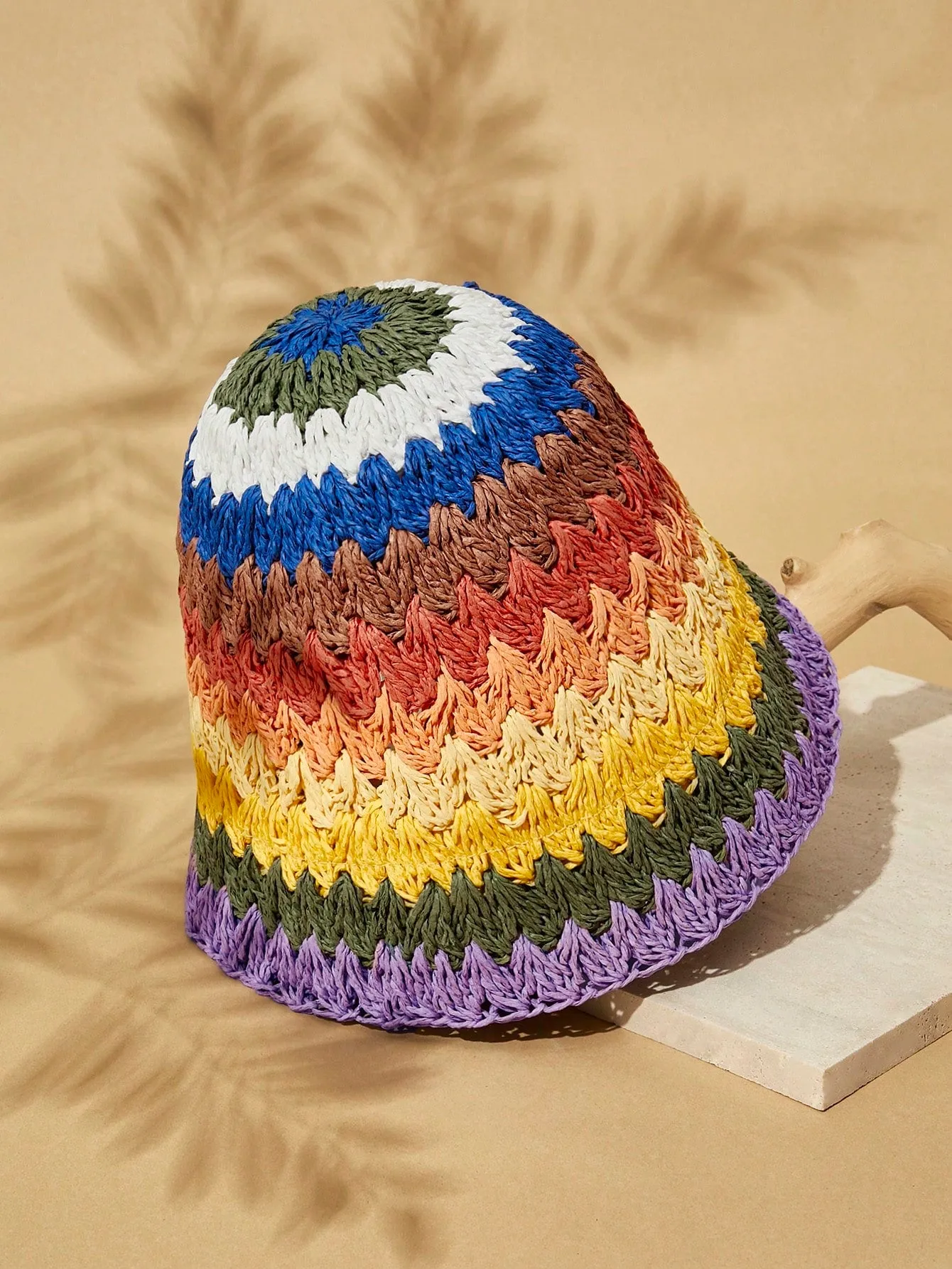 1pc Woven Rainbow Striped Bucket Hat