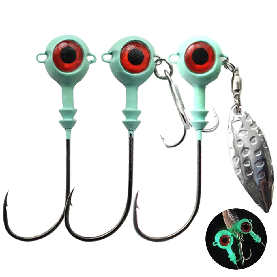3PCS 6G/7.5G/12G Fishing Luminous 3D Eyes jig Head Hooks glowing soft plastic lure Accessories