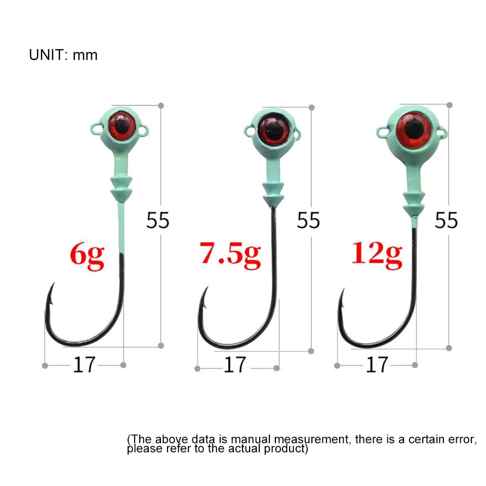 3PCS 6G/7.5G/12G Fishing Luminous 3D Eyes jig Head Hooks glowing soft plastic lure Accessories