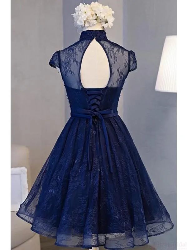 Beautiful Purple Lace Knee Length High Neckline Party Dress, Lace Wedding Party Dress