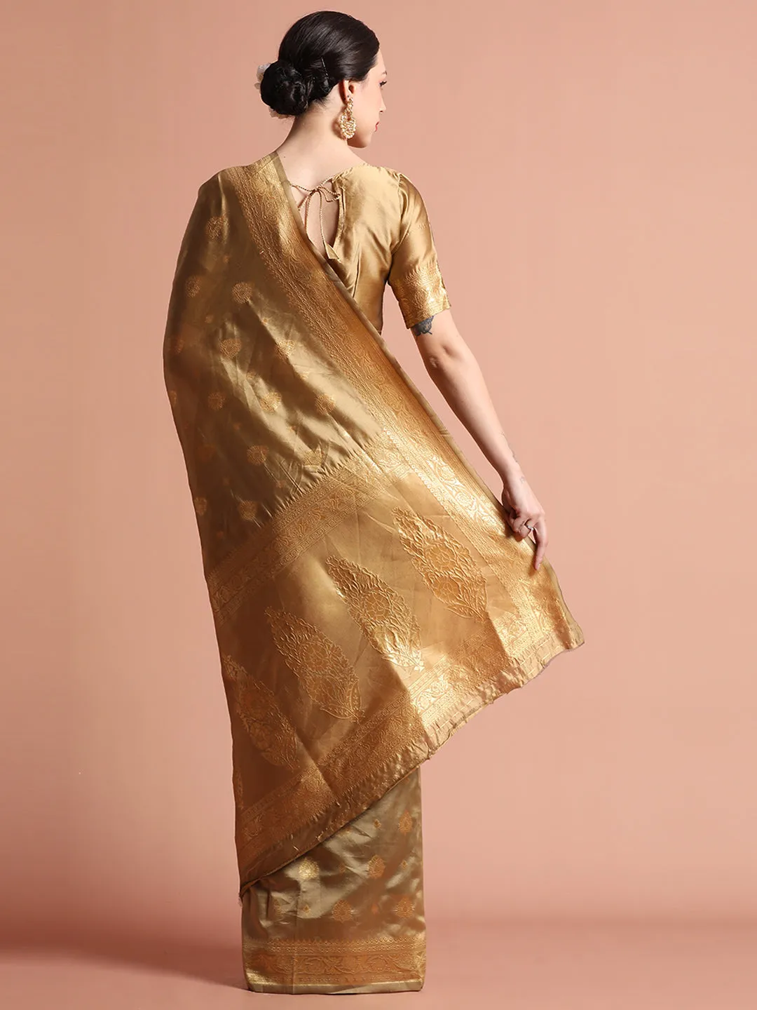 Beige Heavy Banarasi Zari Woven Silk Blend Saree