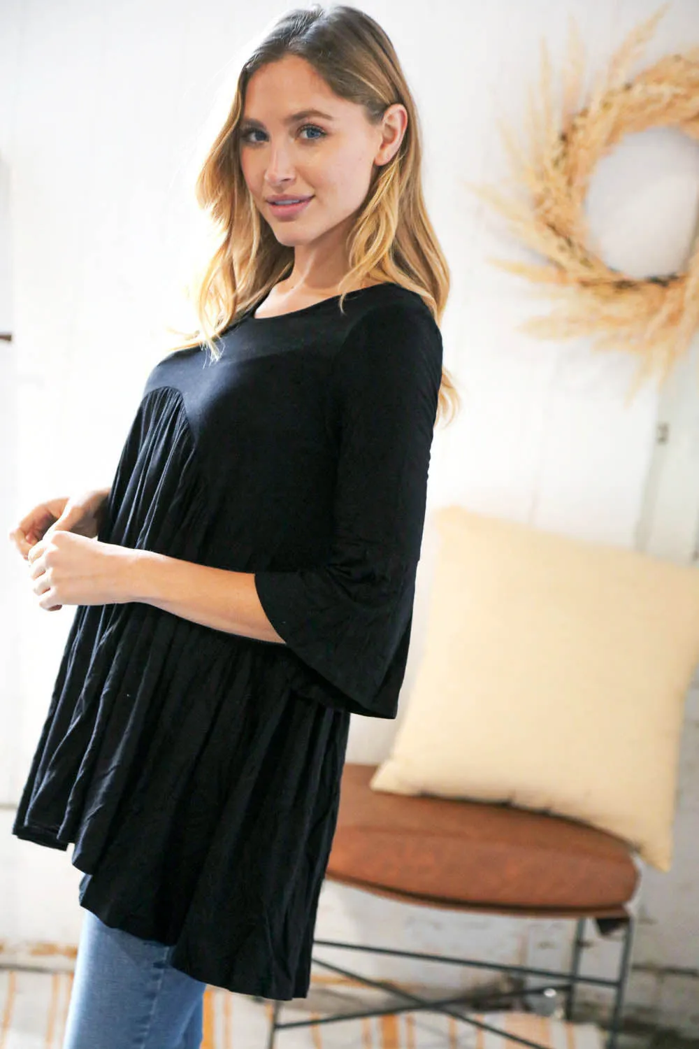 Black Babydoll Bell Sleeve Top