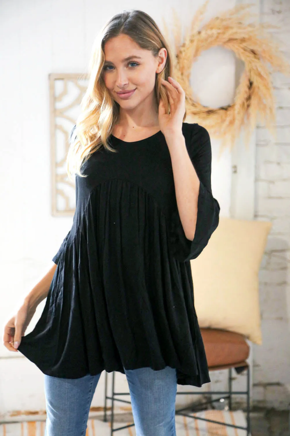 Black Babydoll Bell Sleeve Top