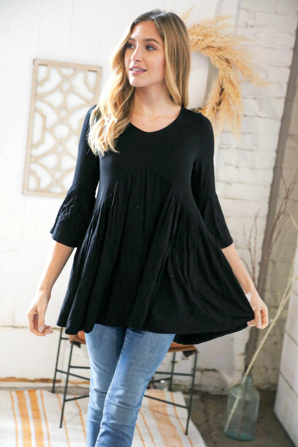 Black Babydoll Bell Sleeve Top