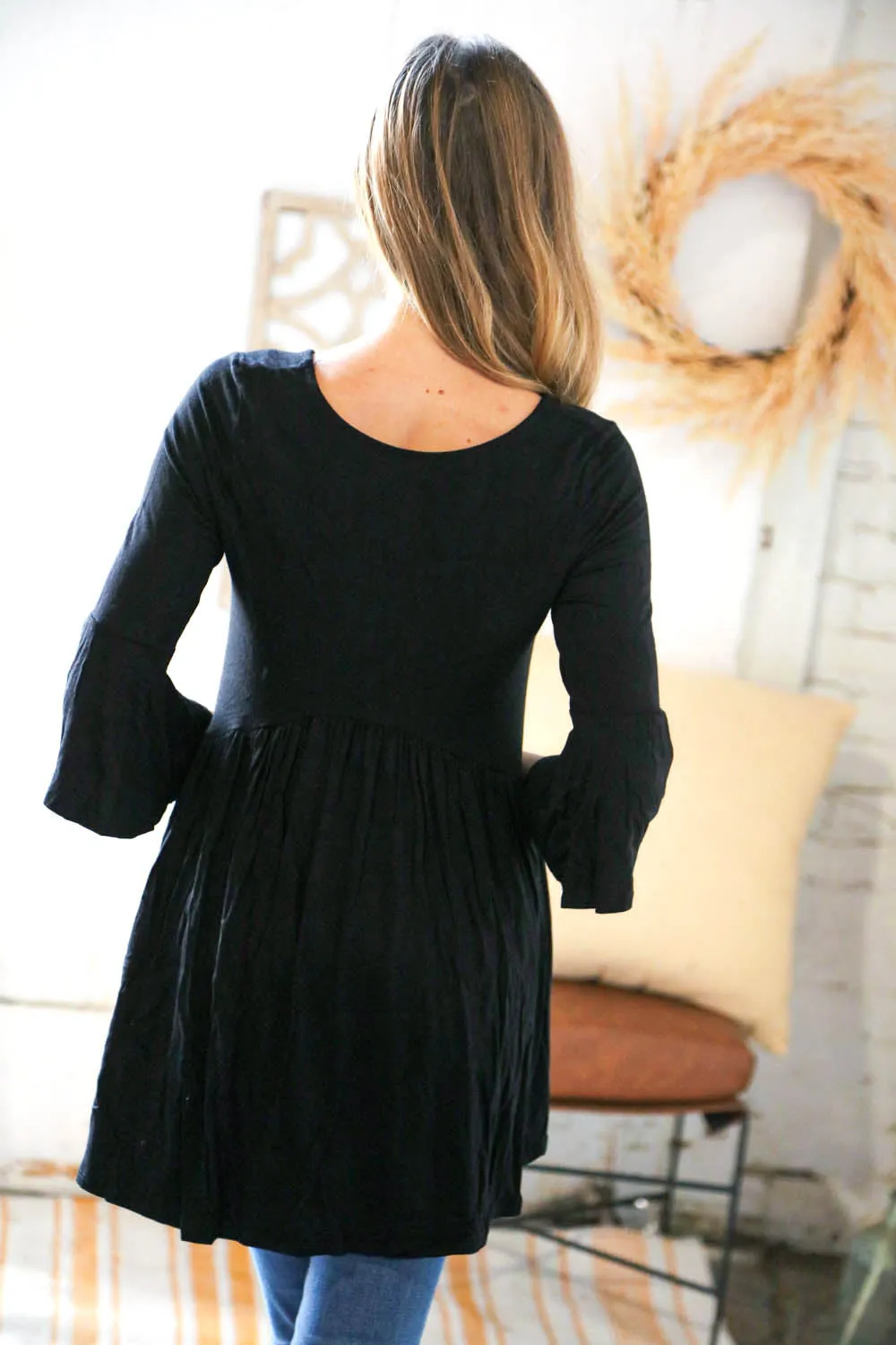Black Babydoll Bell Sleeve Top