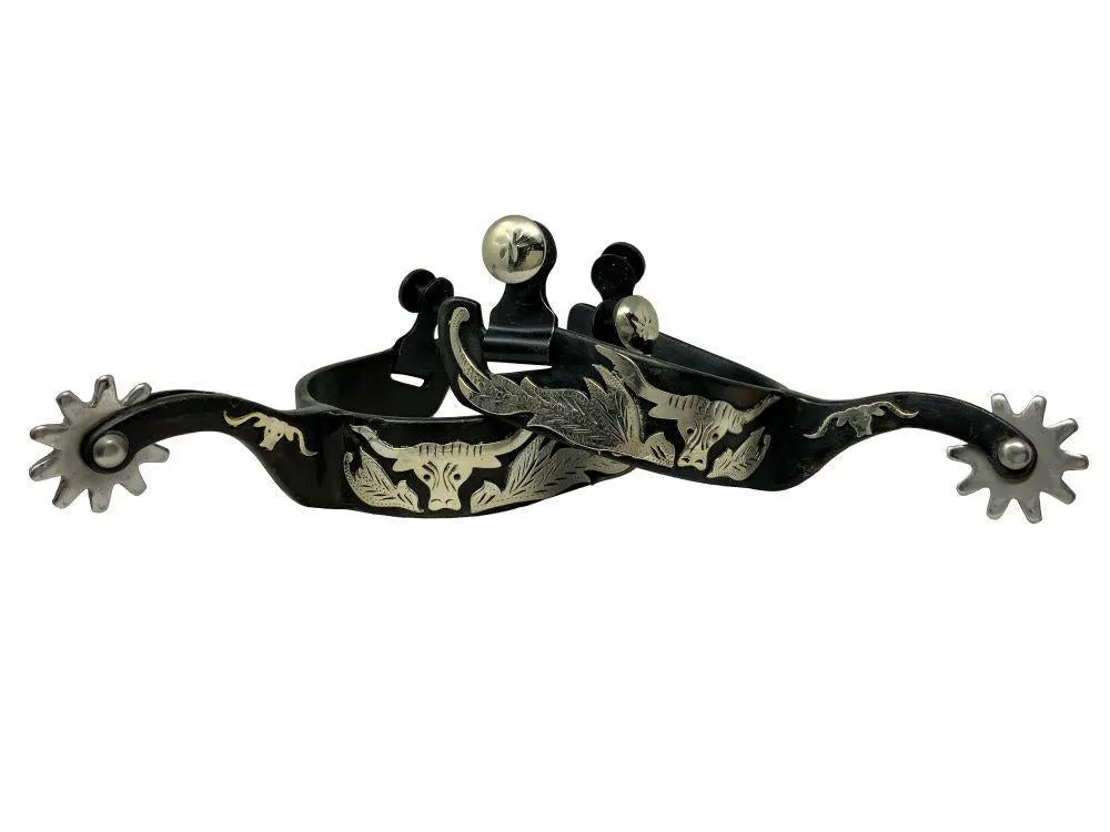 Black Steel Spurs with Engraved Longhorn Overlay
