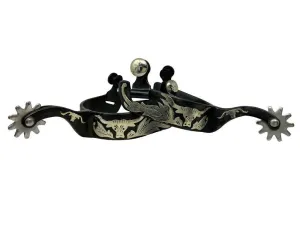 Black Steel Spurs with Engraved Longhorn Overlay