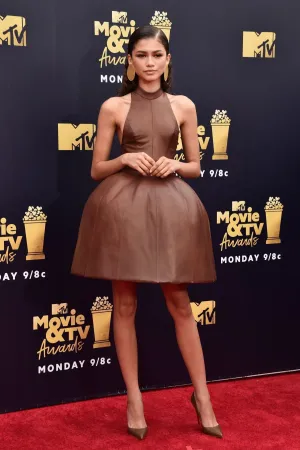 Brown Zendaya Coleman Fit Flare Party Open Back Dress High Neck strapless Prom Celebrity Formal Dress MTV Movie TV Awards