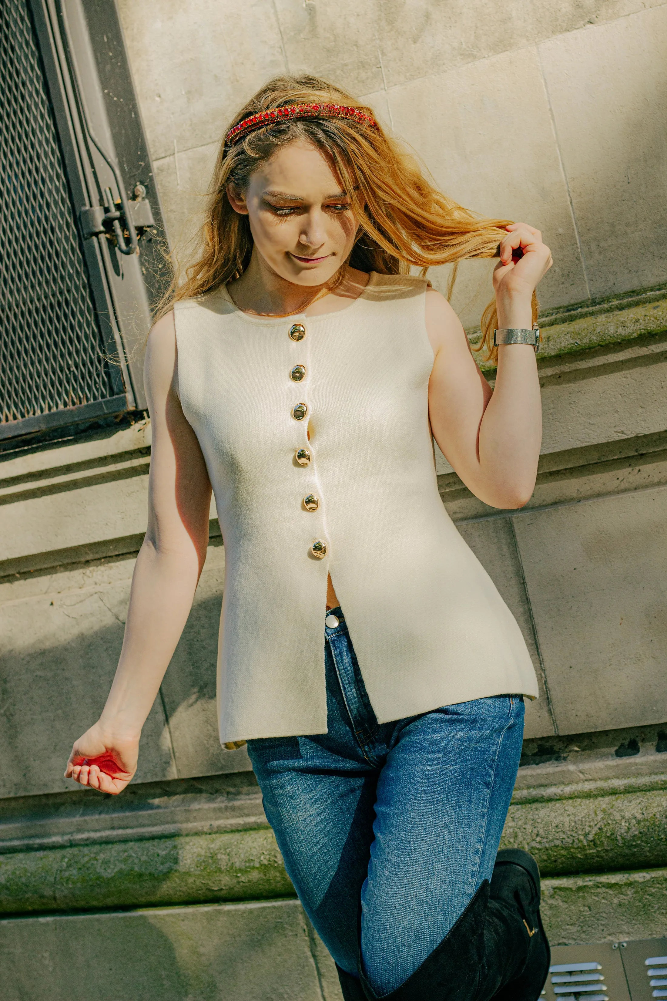 Button Down Split Front Peplum Vest Top