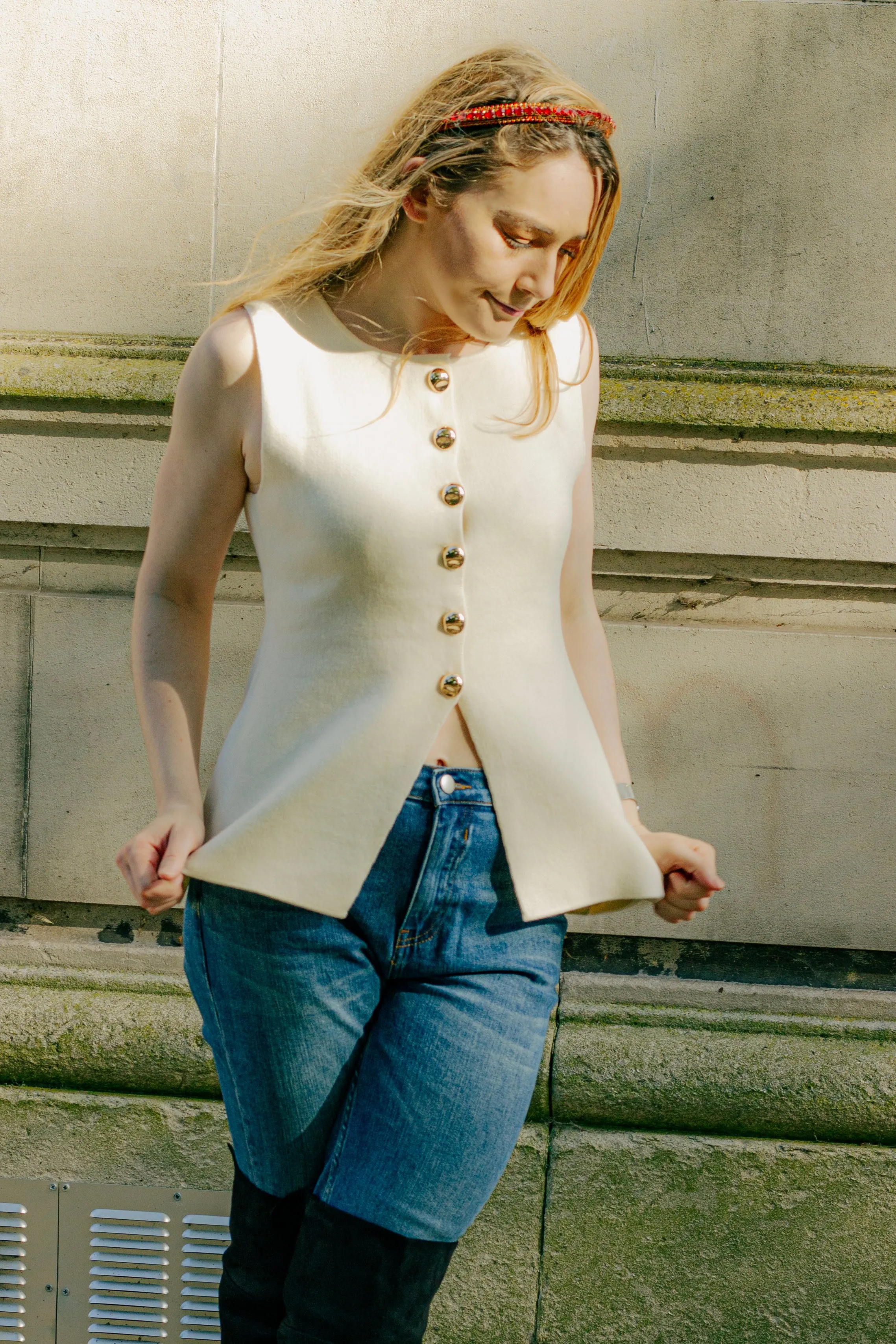 Button Down Split Front Peplum Vest Top
