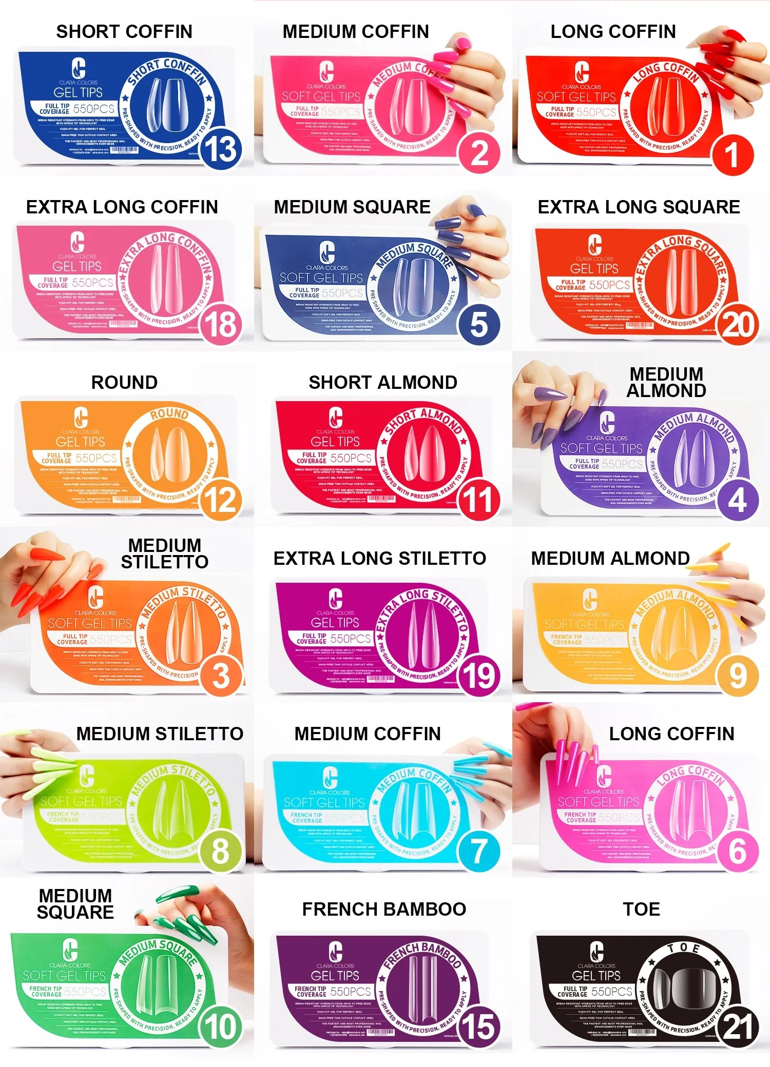 Clara Color - Full Cover Gel Tips - #02 Medium Coffin 550pcs