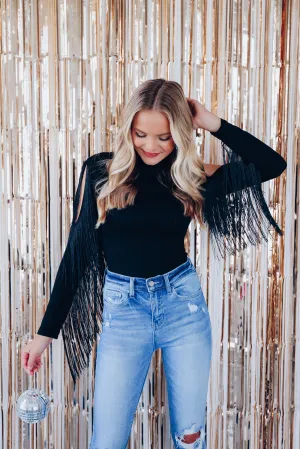 Codi Cold Shoulder Fringe Bodysuit - Black