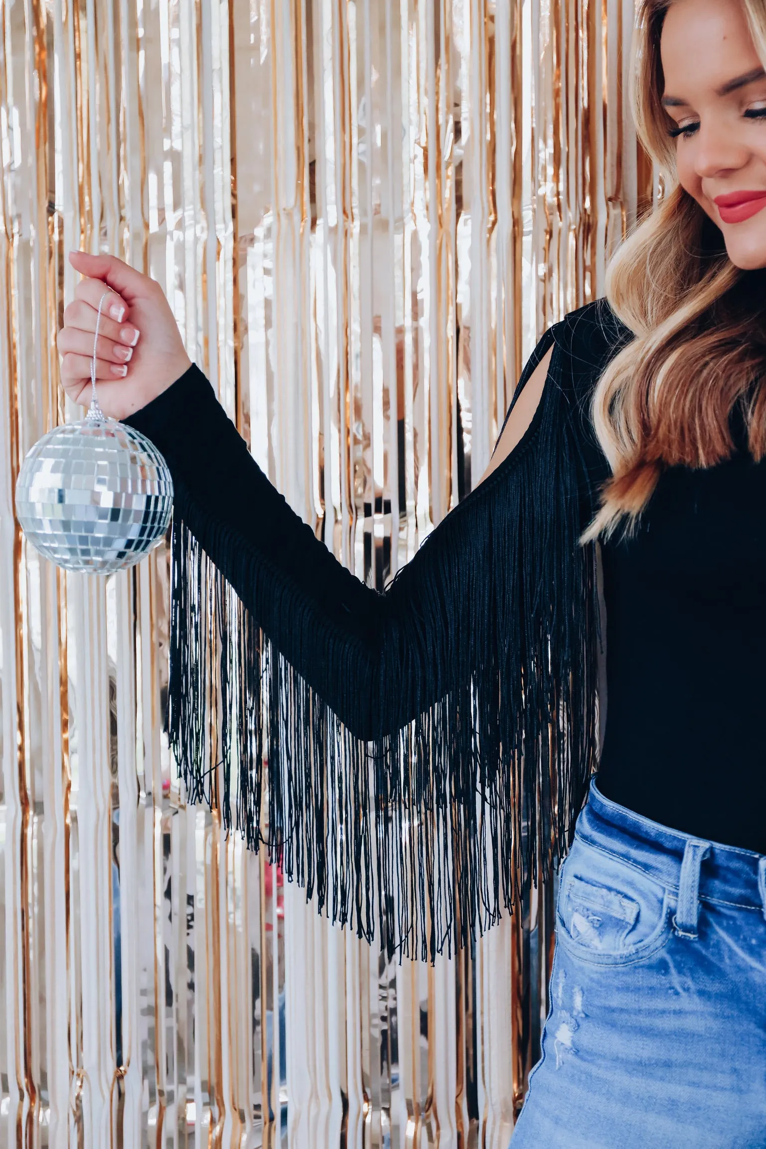 Codi Cold Shoulder Fringe Bodysuit - Black