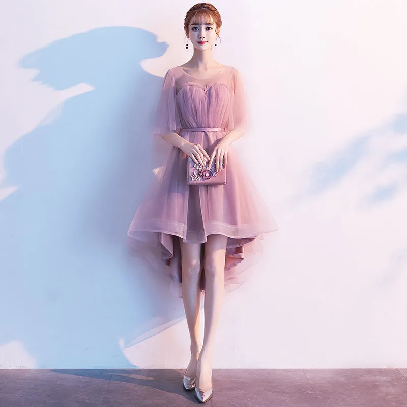 Cute Dark Pink High Low Tulle Round Neckline Party Dress, Short Pink Homecoming Dresses