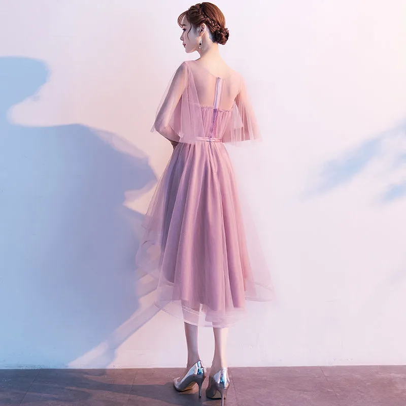 Cute Dark Pink High Low Tulle Round Neckline Party Dress, Short Pink Homecoming Dresses