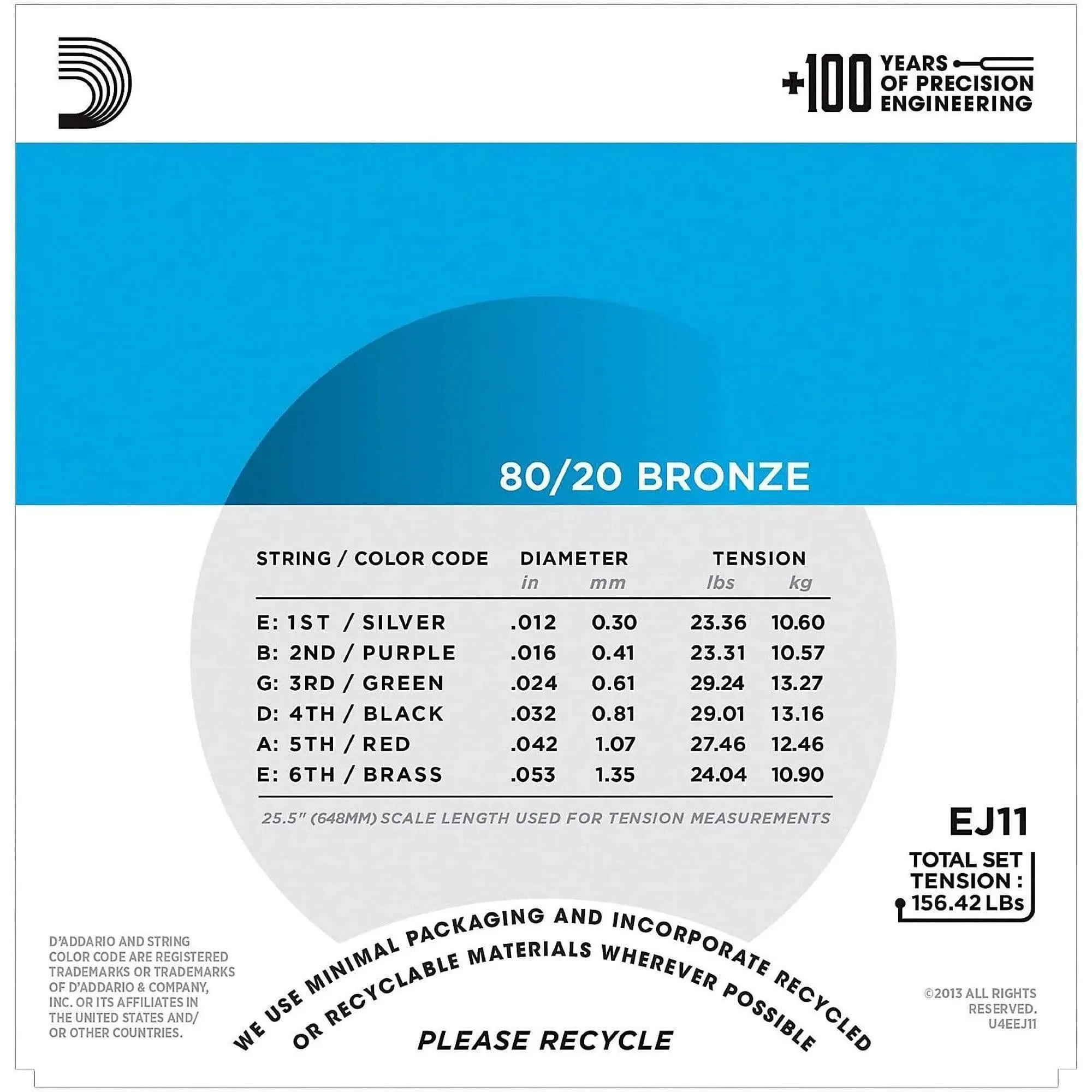 D'Addario EJ11 80/20 Bronze Acoustic Guitar Strings, Light, 12-53