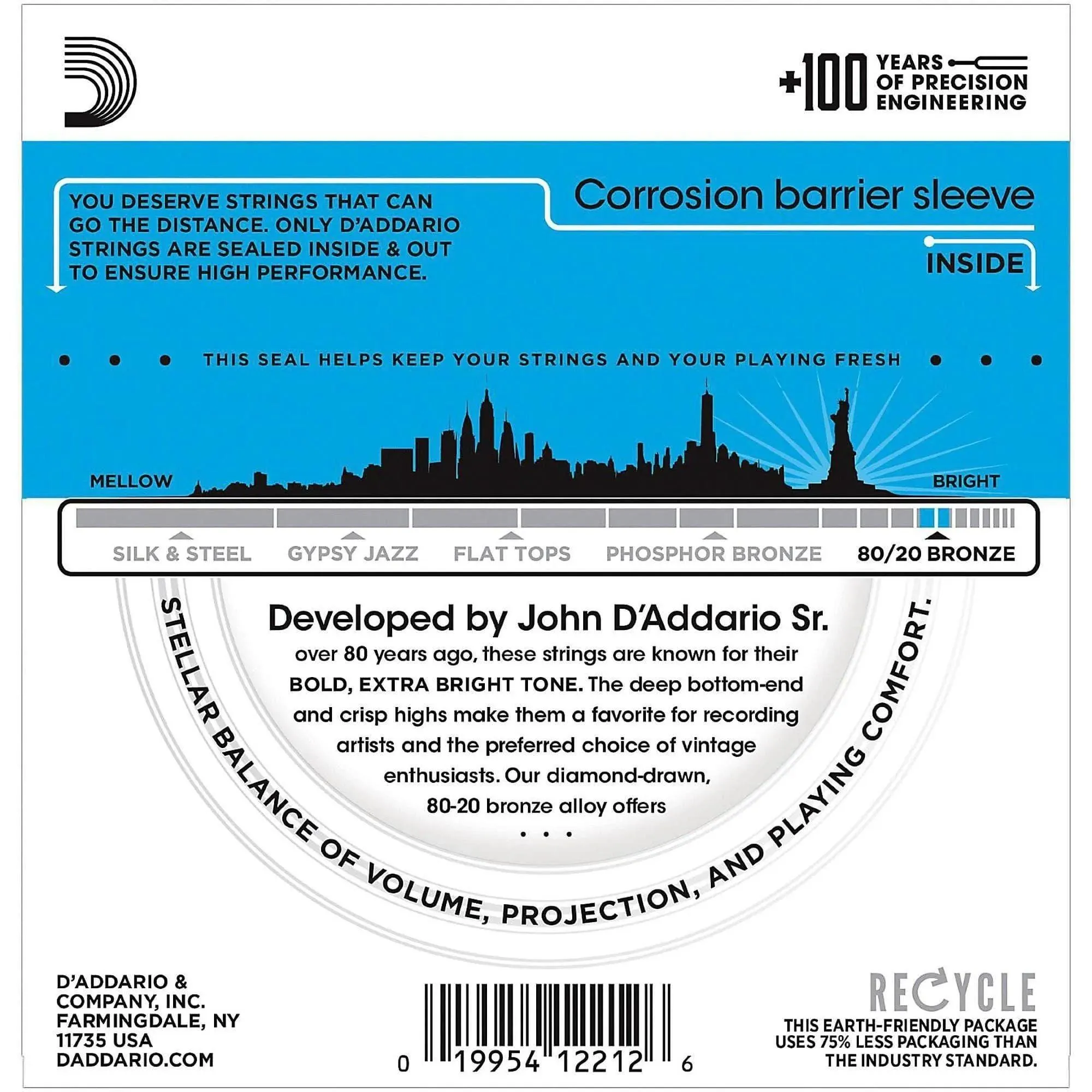 D'Addario EJ11 80/20 Bronze Acoustic Guitar Strings, Light, 12-53