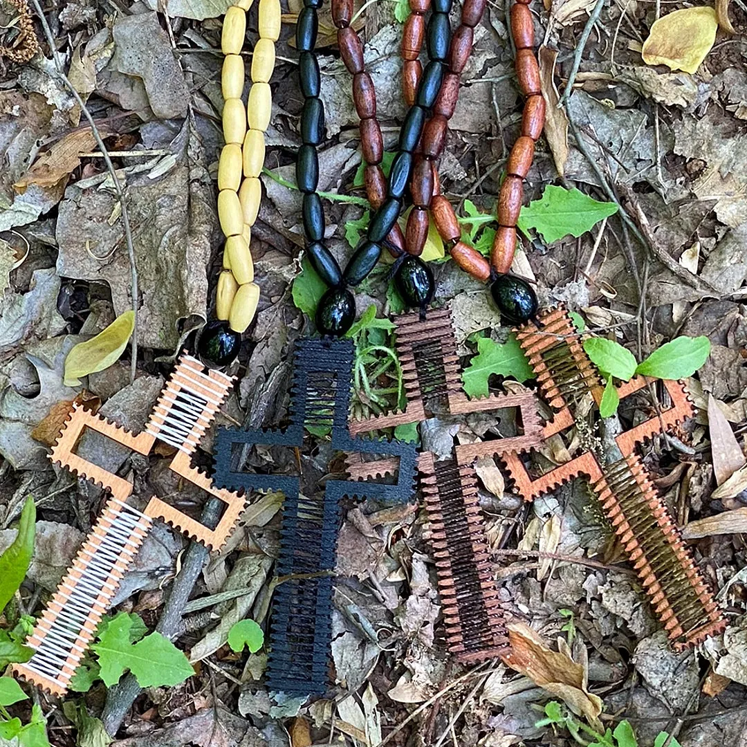 Dark Brown Beaded Woven Cross Necklace