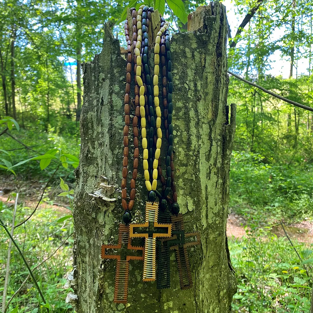 Dark Brown Beaded Woven Cross Necklace