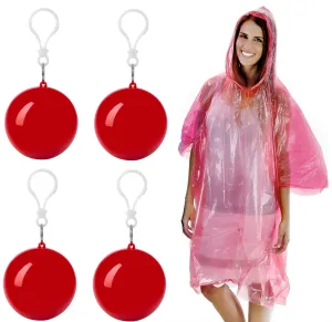 Emergency Rain Poncho with Hood Packaged in Plastic Keychain Ball - One Size Fits All - Commuter Rain Poncho Survival Kit Accessory for Travel Backpacking Picnics Camping Sporting Outdoor Events 4Pk