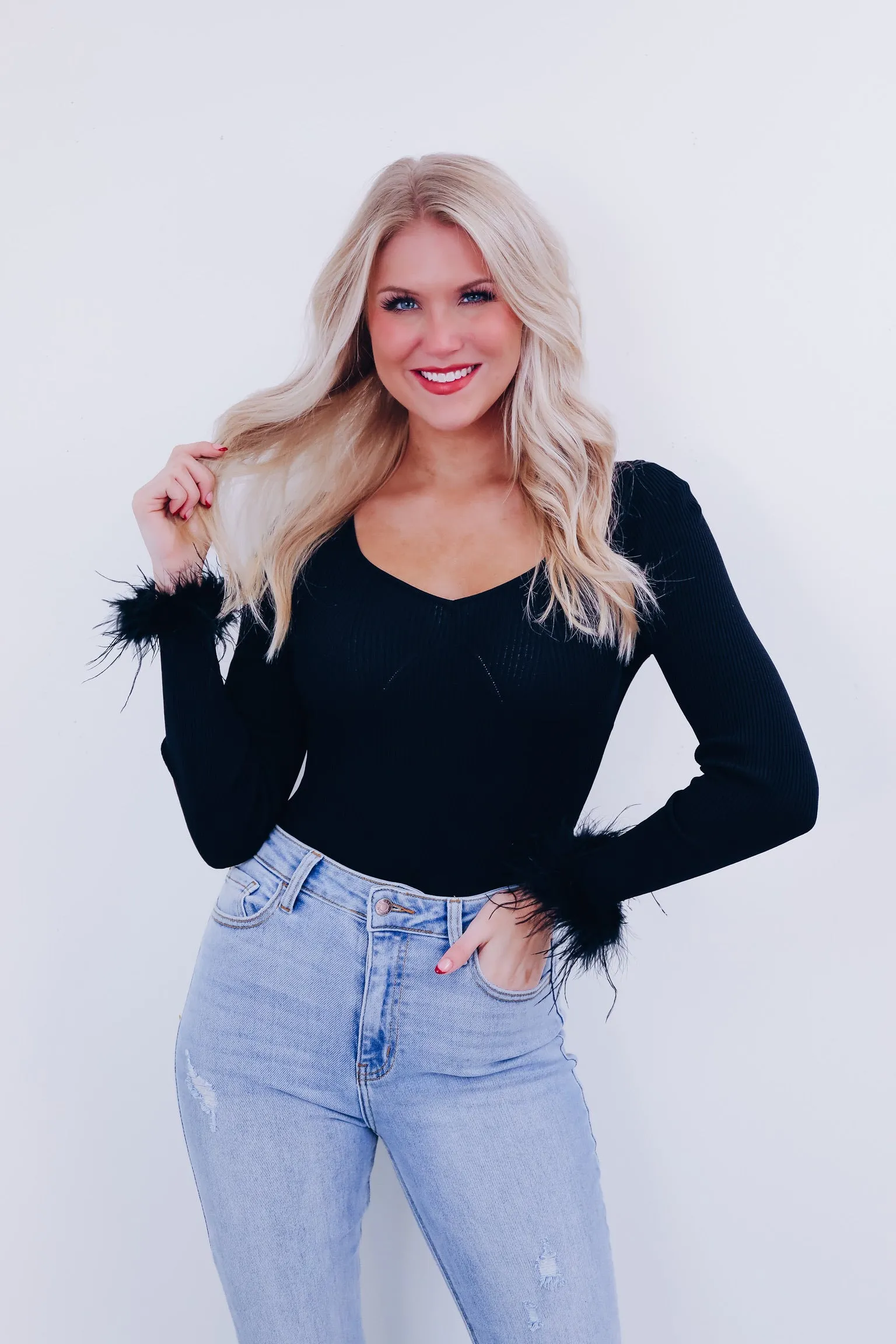 Flirty Fun Feather Trim Bodysuit - Black