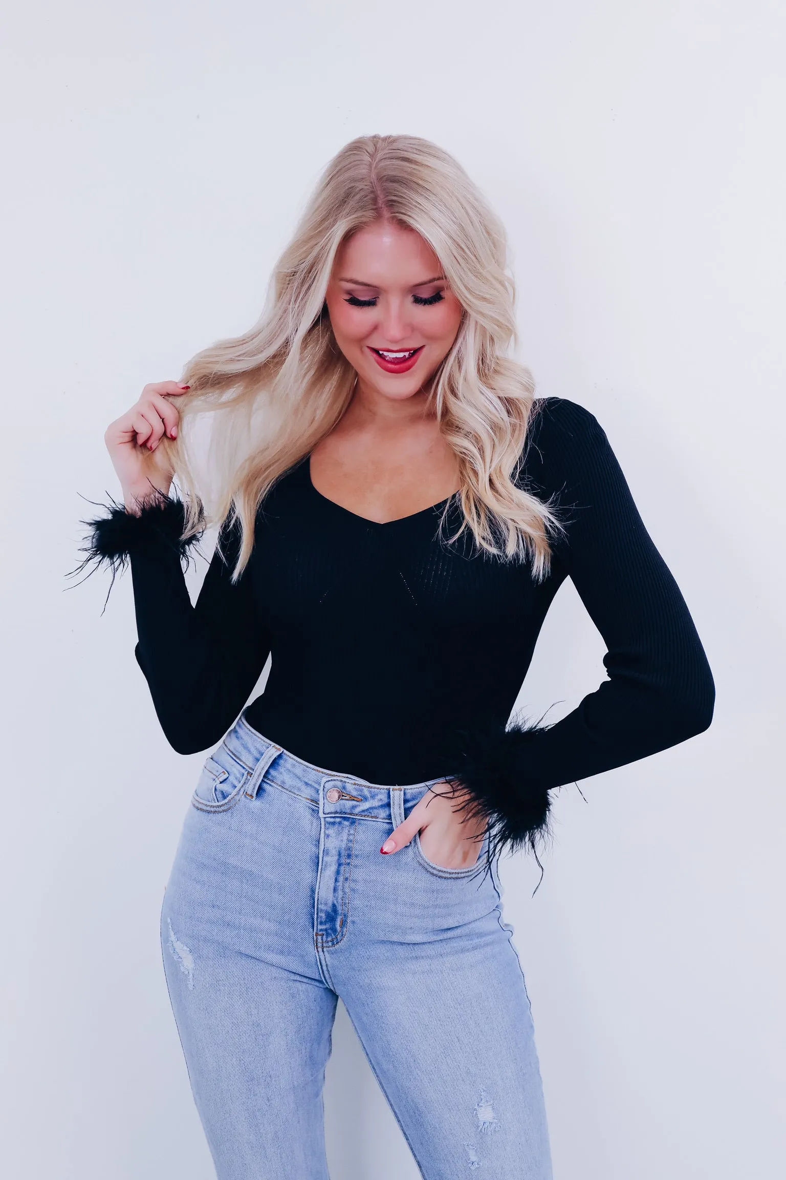 Flirty Fun Feather Trim Bodysuit - Black