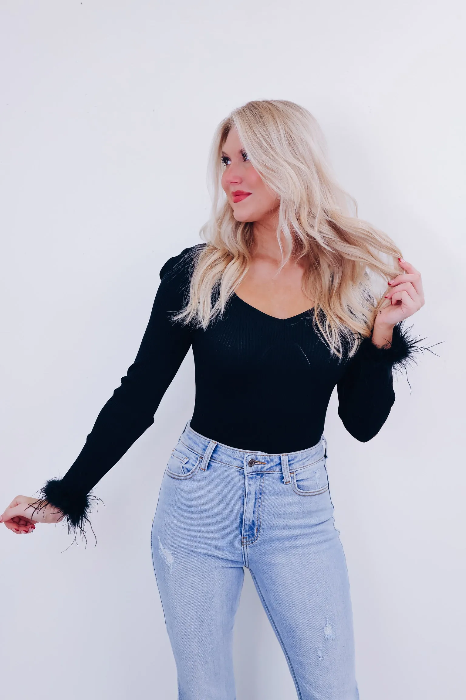 Flirty Fun Feather Trim Bodysuit - Black