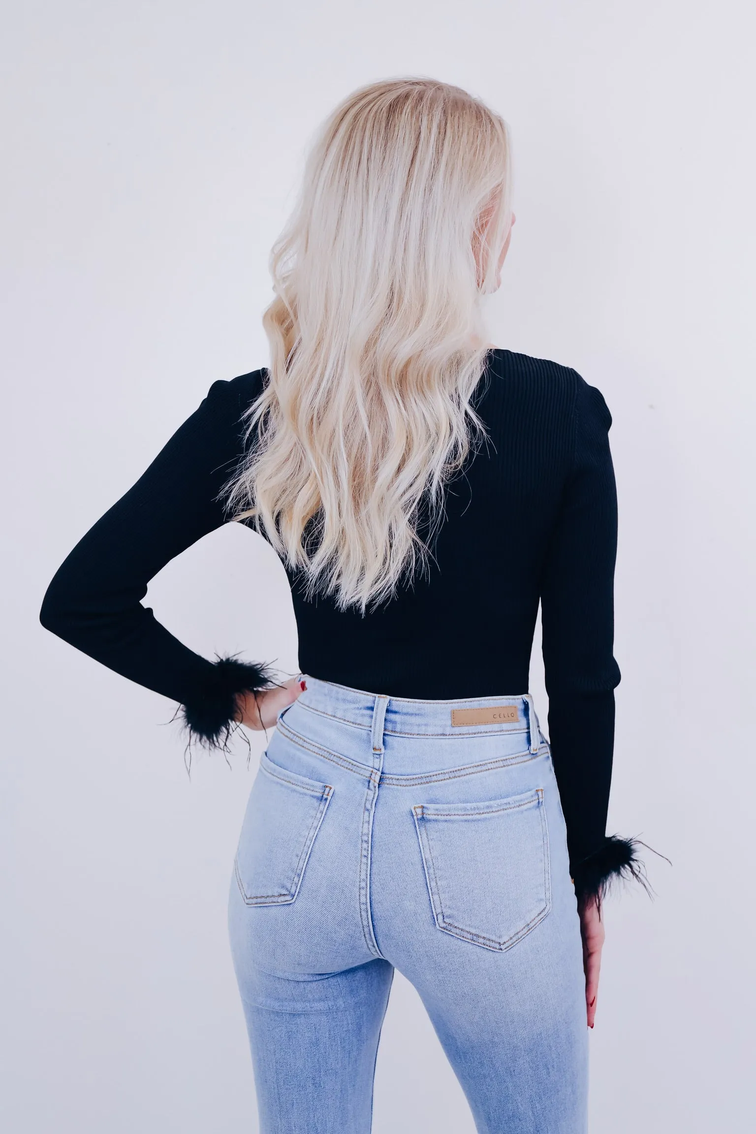 Flirty Fun Feather Trim Bodysuit - Black