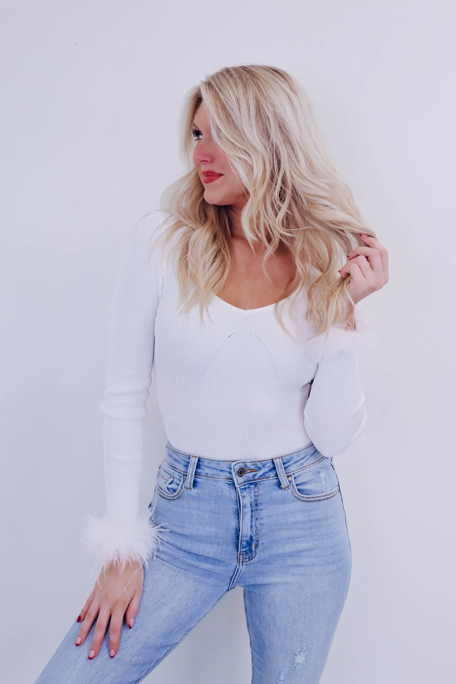 Flirty Fun Feather Trim Bodysuit - Ivory