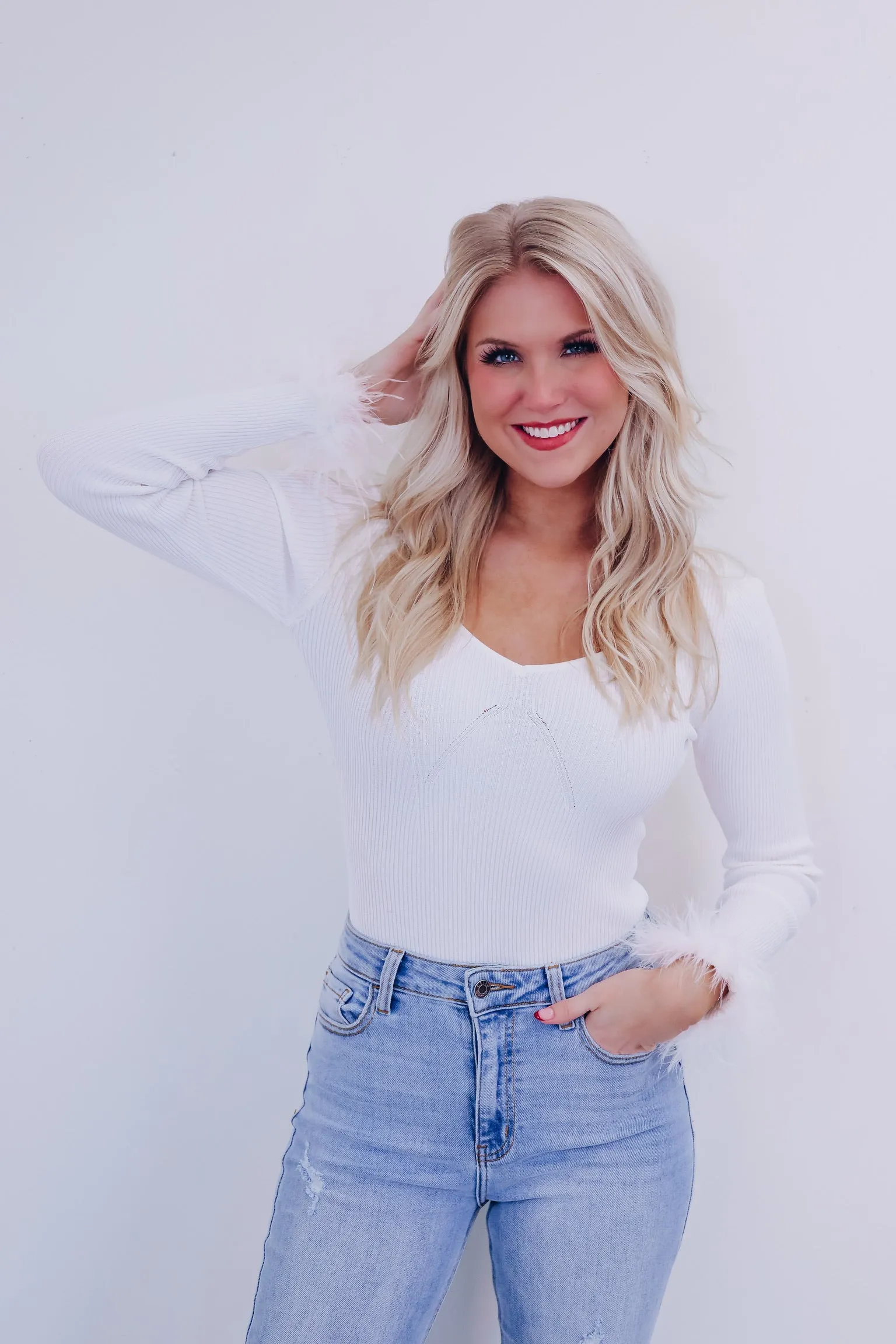 Flirty Fun Feather Trim Bodysuit - Ivory