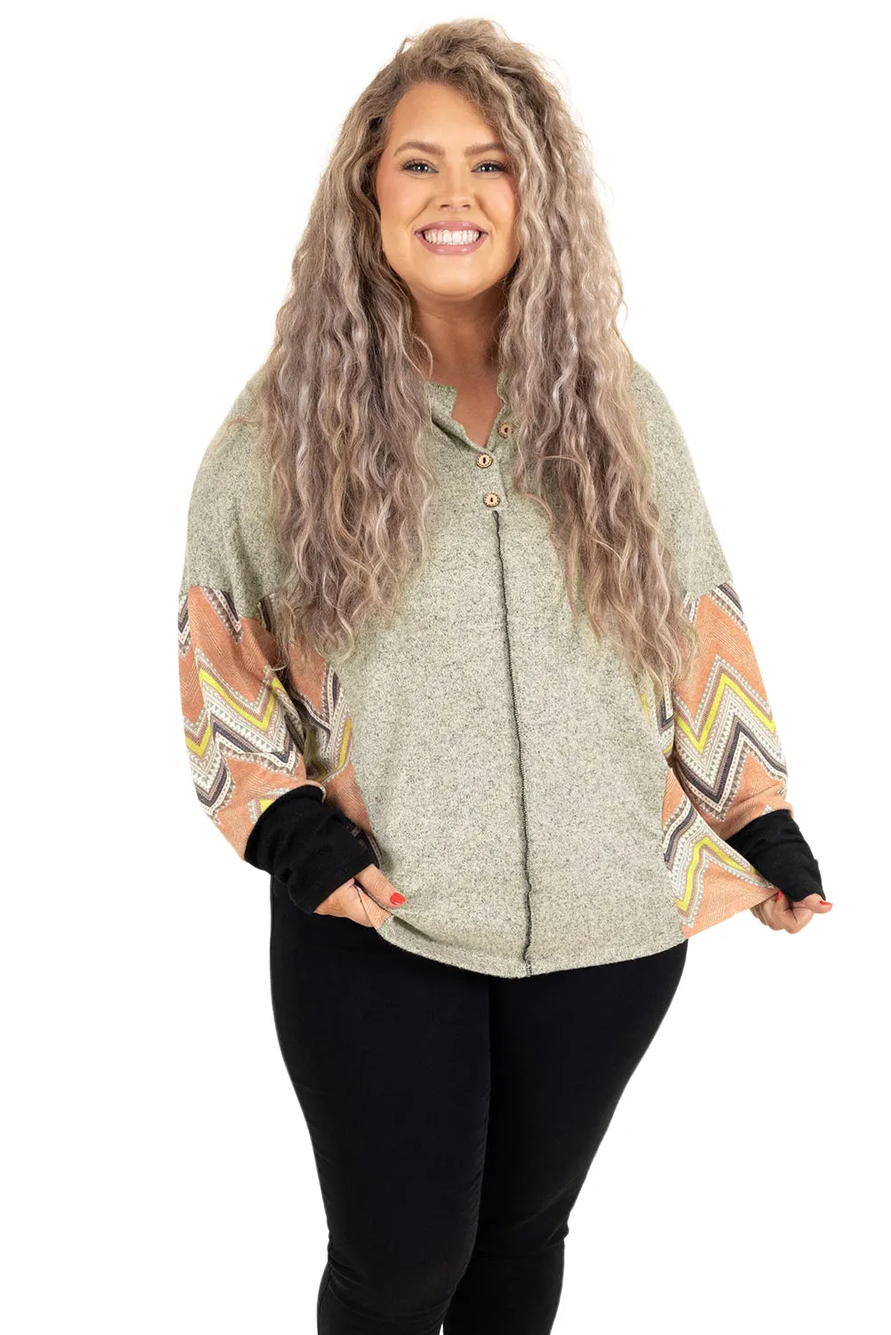 Gray Plus Size Chevron Sleeves Top