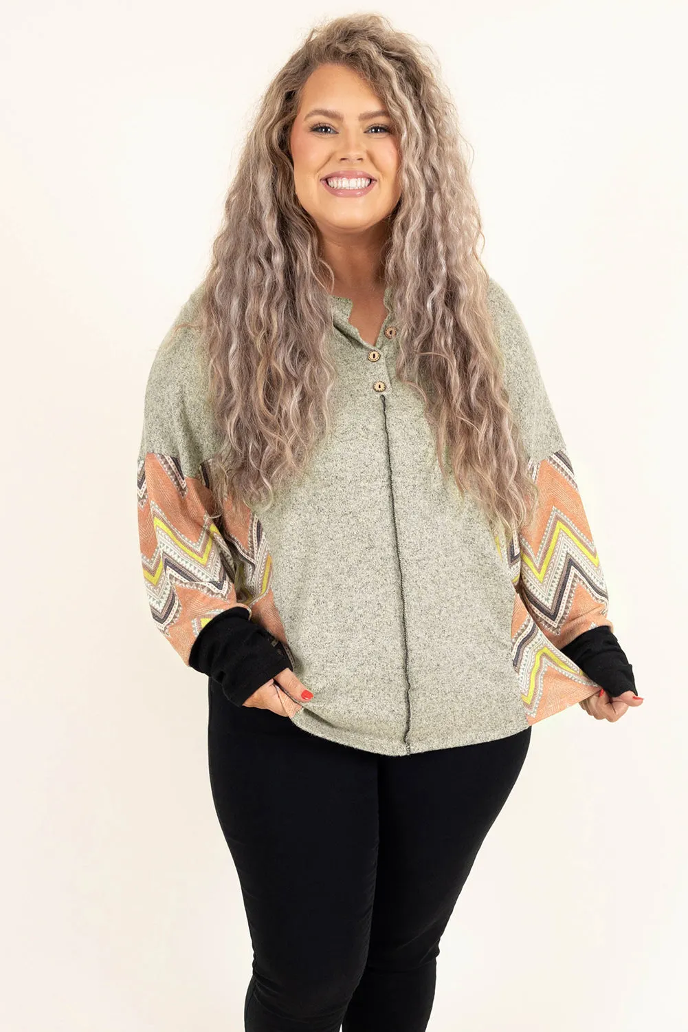 Gray Plus Size Chevron Sleeves Top