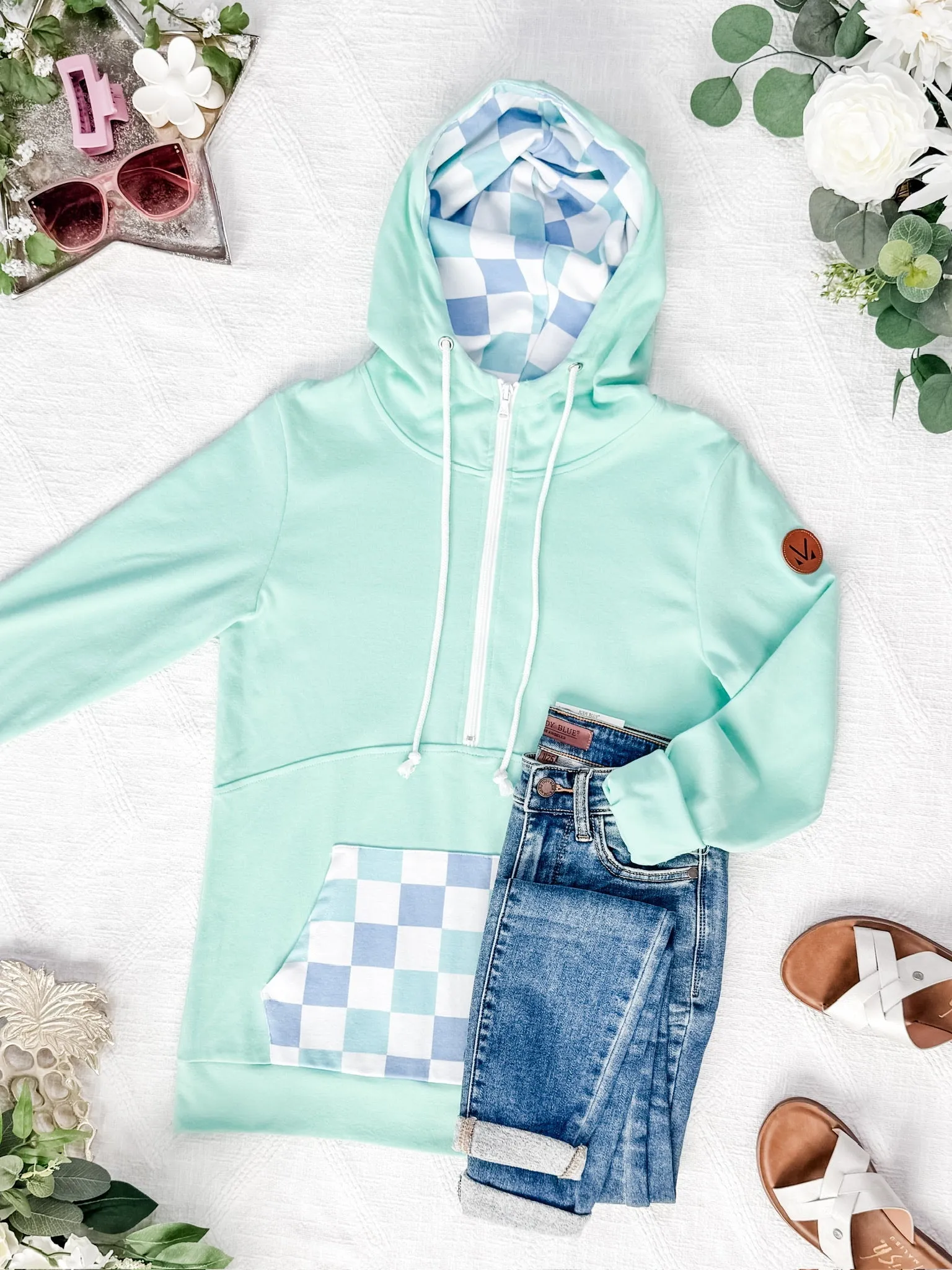 HalfZip Hoodie - Mint with Blue and Mint Checker
