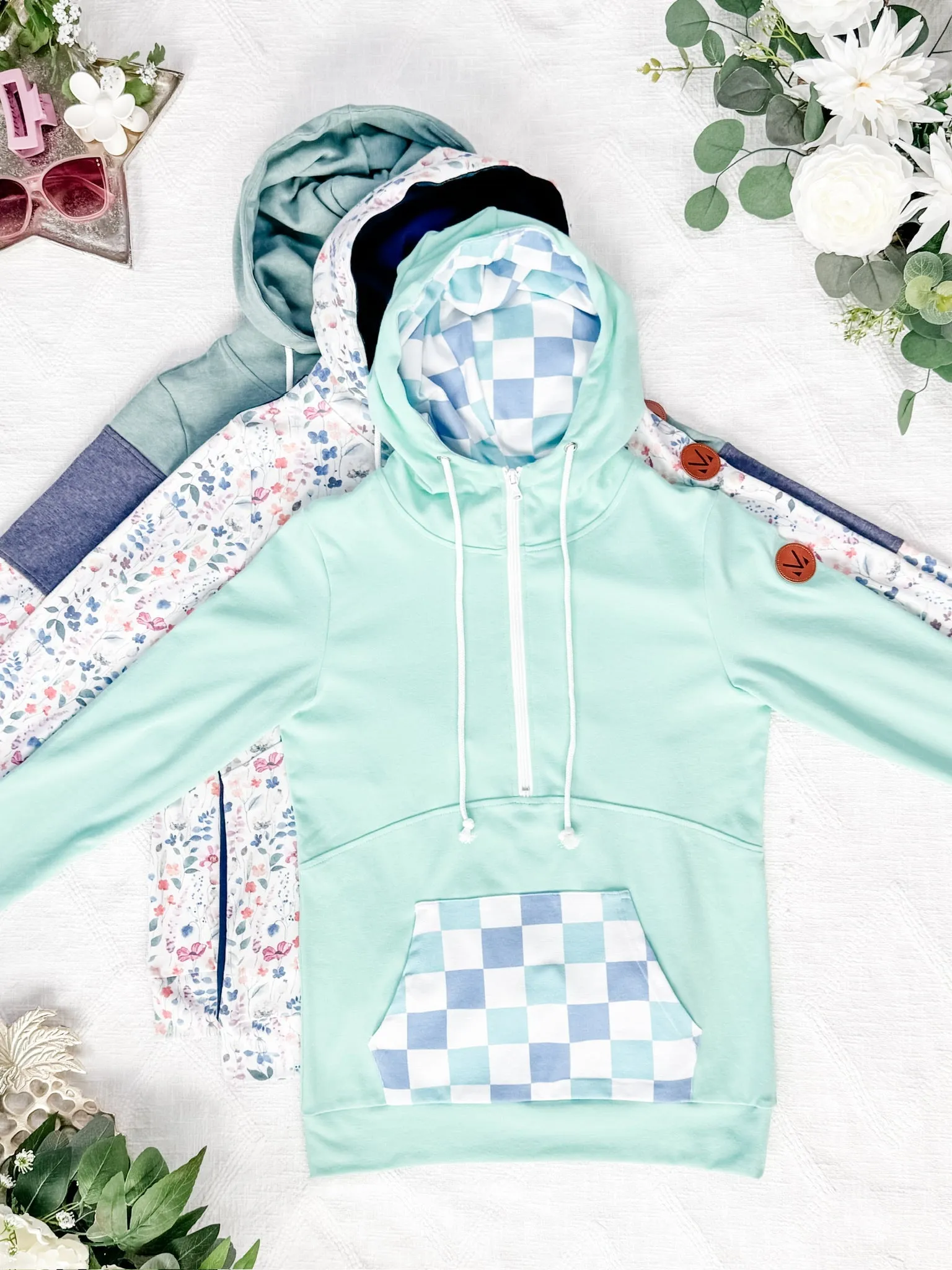 HalfZip Hoodie - Mint with Blue and Mint Checker