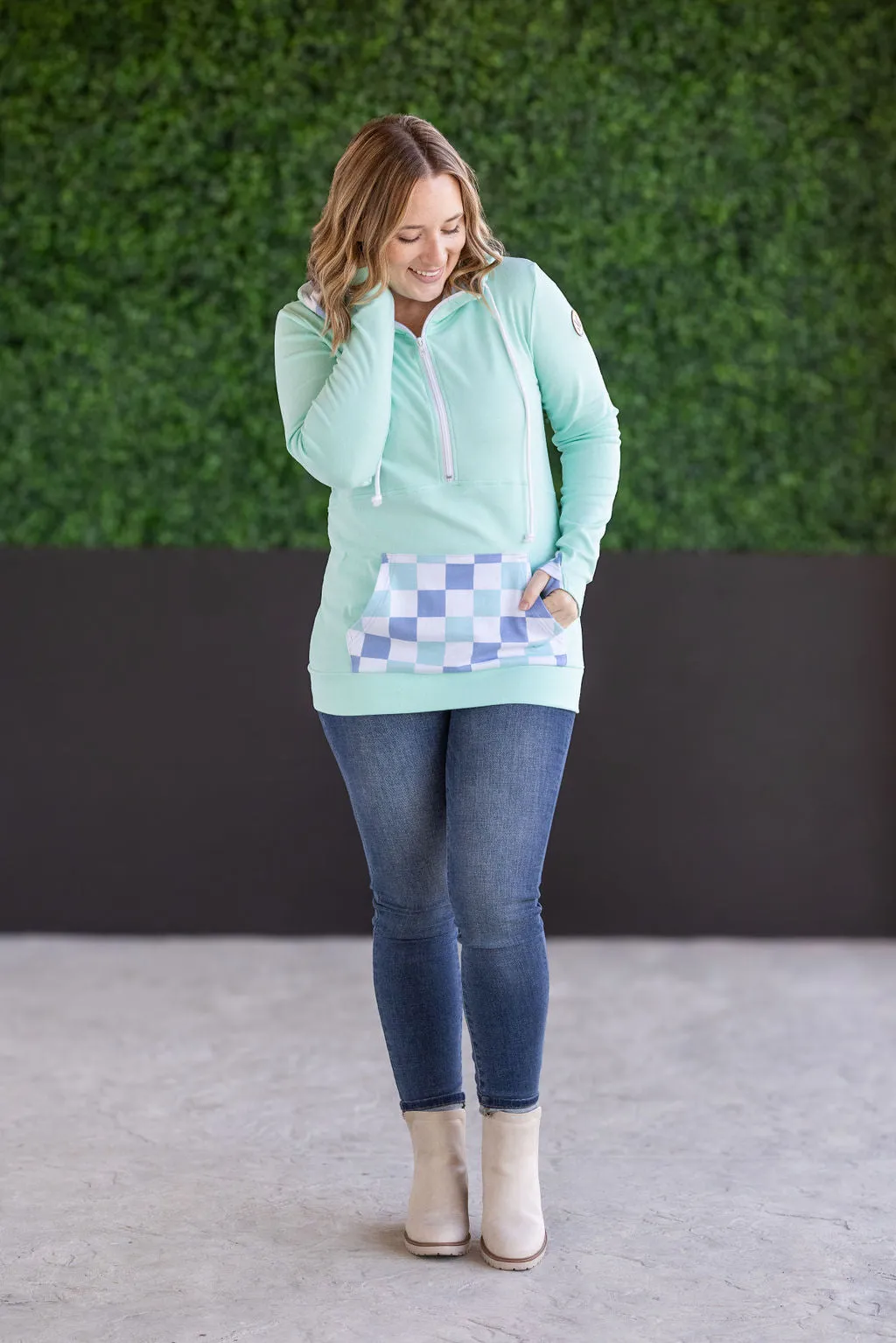 HalfZip Hoodie - Mint with Blue and Mint Checker
