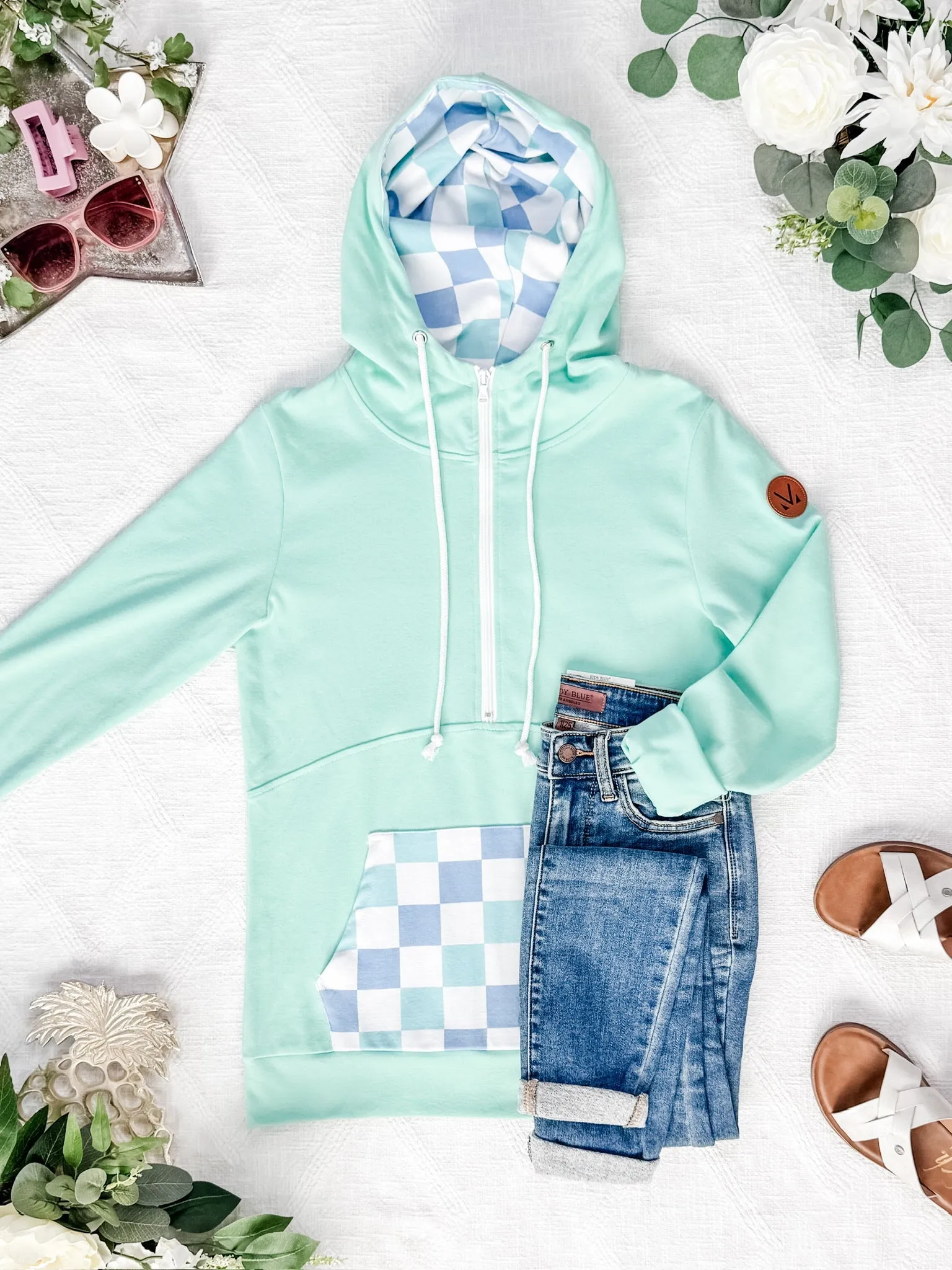 HalfZip Hoodie - Mint with Blue and Mint Checker