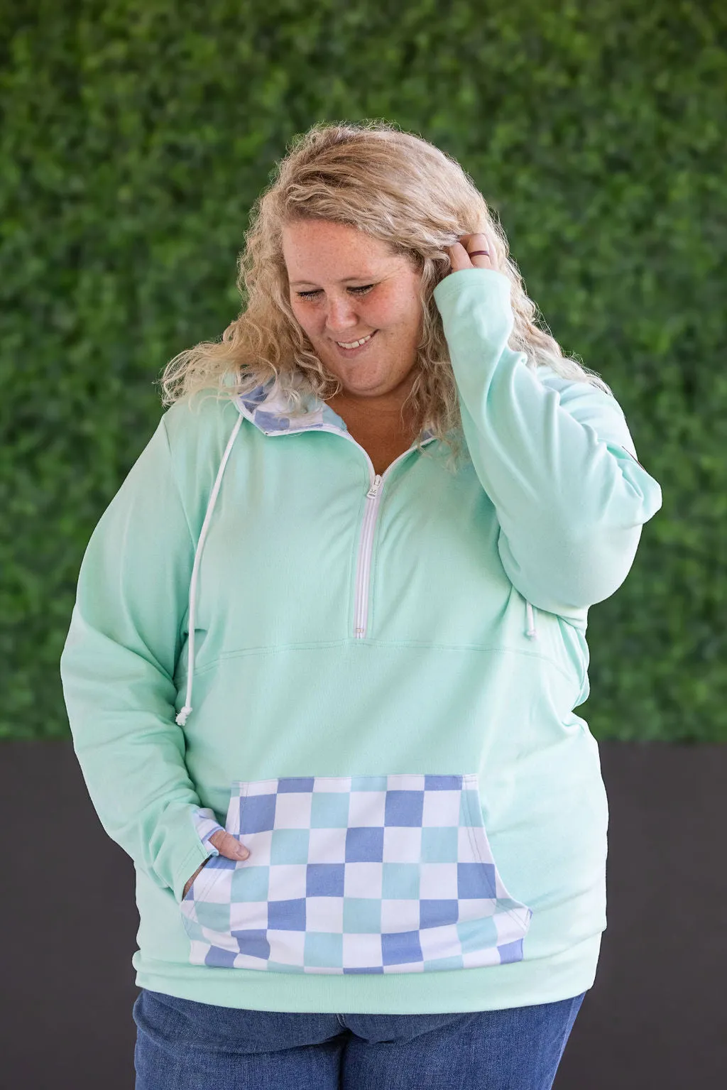 HalfZip Hoodie - Mint with Blue and Mint Checker
