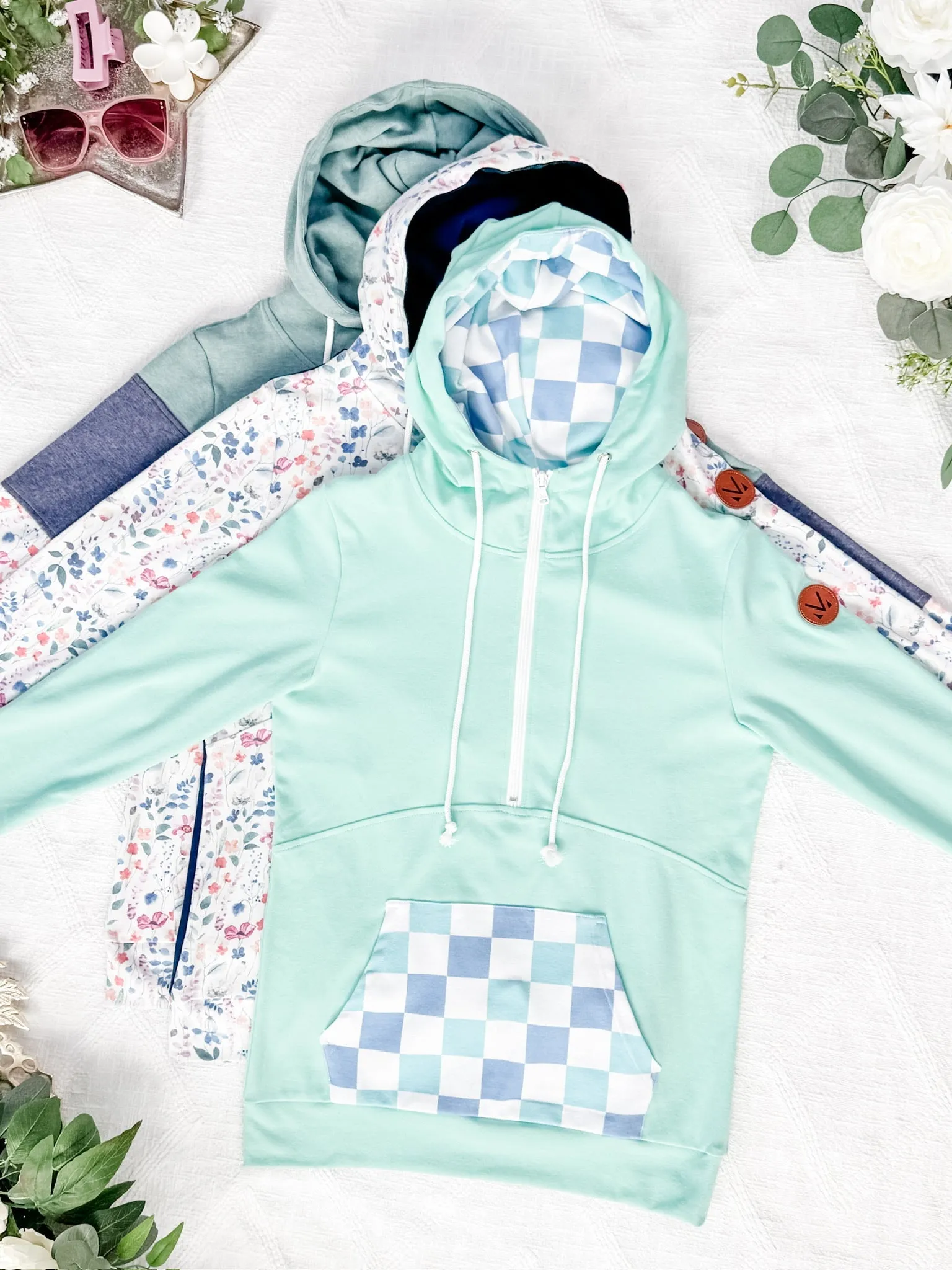 HalfZip Hoodie - Mint with Blue and Mint Checker