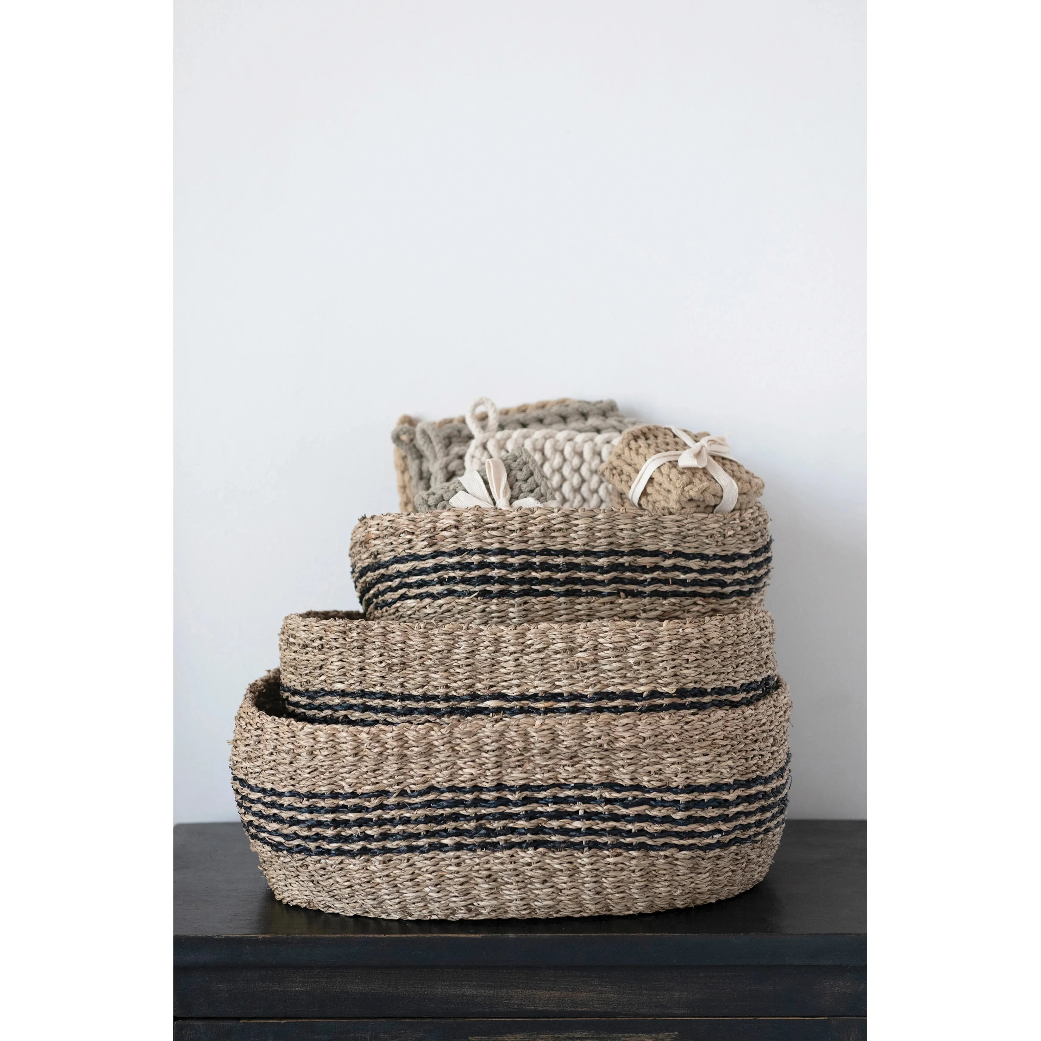 HAND WOVEN STRIPE SEAGRASS BASKET-MEDIUM