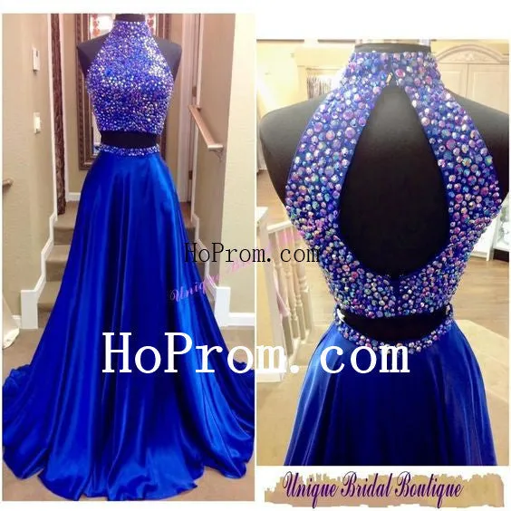 High Neck Blue Prom Dresses,Beading Prom Dress,Evening Dress