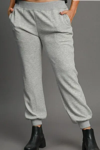 High Rise Elastic Waist Knit Joggers with Pockets Gray
