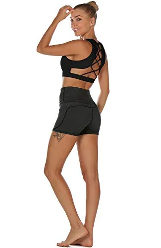 icyzone Women's Workout Yoga Clothes Activewear Printed Racerback Sports Bras (L, Black)