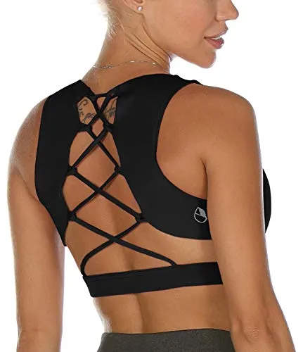 icyzone Women's Workout Yoga Clothes Activewear Printed Racerback Sports Bras (L, Black)
