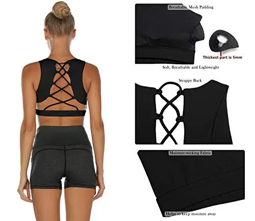 icyzone Women's Workout Yoga Clothes Activewear Printed Racerback Sports Bras (L, Black)