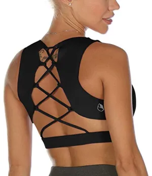 icyzone Women's Workout Yoga Clothes Activewear Printed Racerback Sports Bras (L, Black)