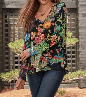 Johnny Was Black Dreamer Favorite Long V Swing Tee Special Shirt Floral Top NEW